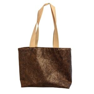 Henry Glass & Co Brown Embossed Floral Western Tote Bag Canvas Straps Zipper Top
